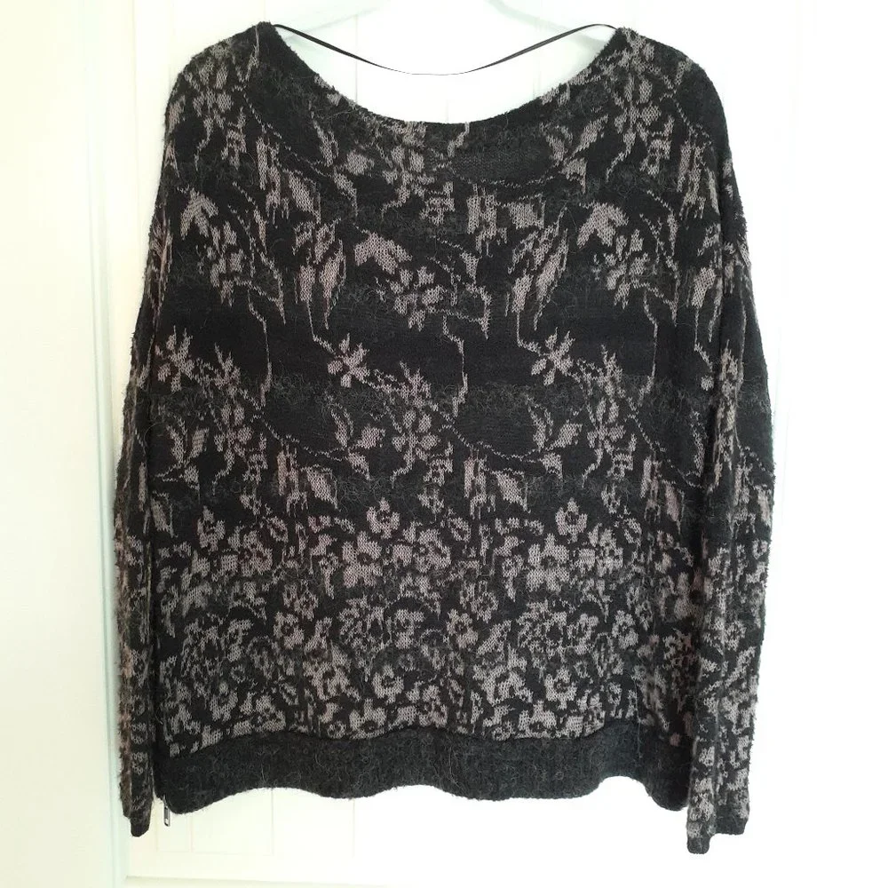 Free People Floral Fields Angora Blend Sweater Black Tan Size S